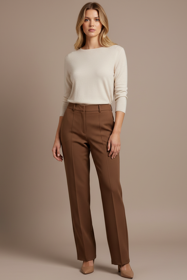 Pantalon Marron Coupe Droite Élégant Taille Haute - Gabardine