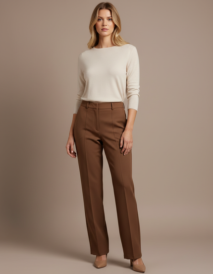 Pantalon Marron Coupe Droite Élégant Taille Haute - Gabardine
