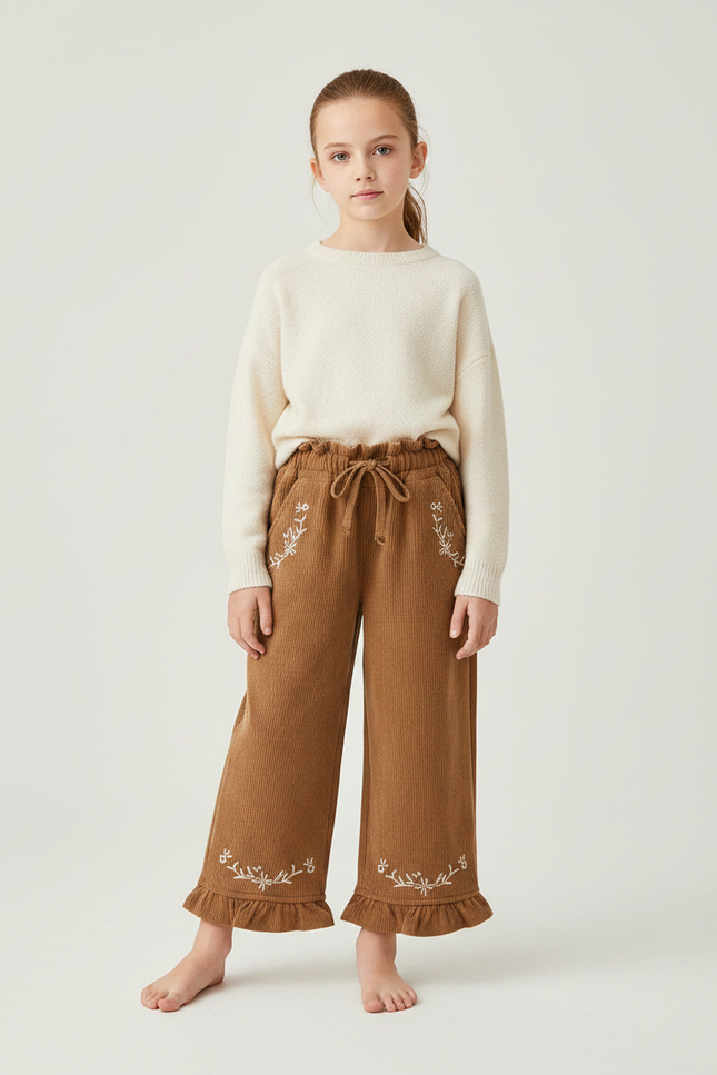 Pantalon Marron Côtelé Brodé Ample Fille - Cordé