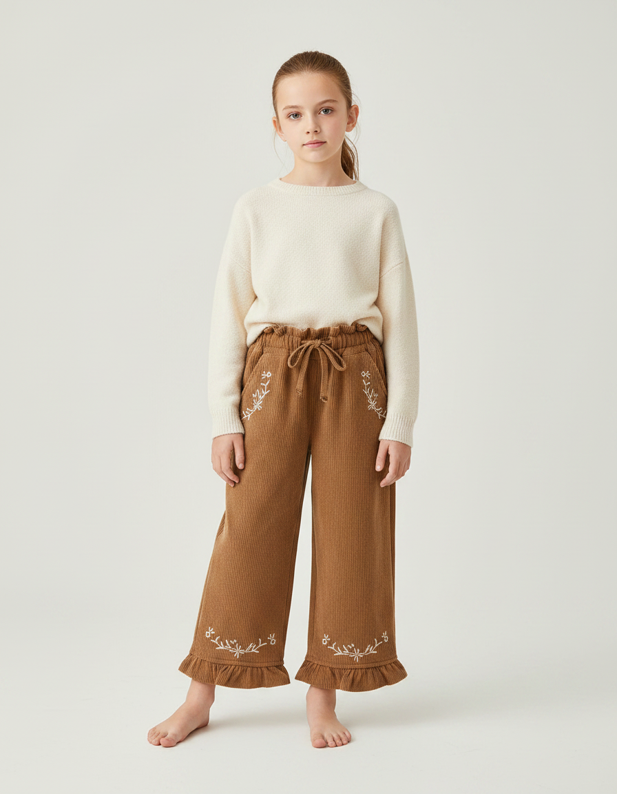 Pantalon Marron Côtelé Brodé Ample Fille - Cordé