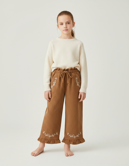Pantalon Marron Côtelé Brodé Ample Fille - Cordé