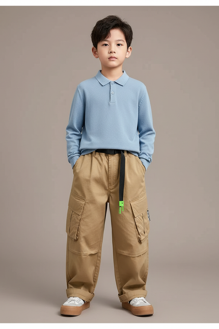 Pantalon Marron Cargo Ample Décontracté Enfant Ados - Beige Toile