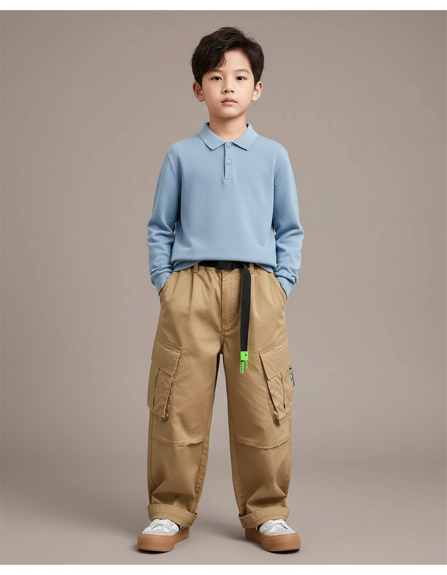 Pantalon Marron Cargo Ample Décontracté Enfant Ados - Beige Toile