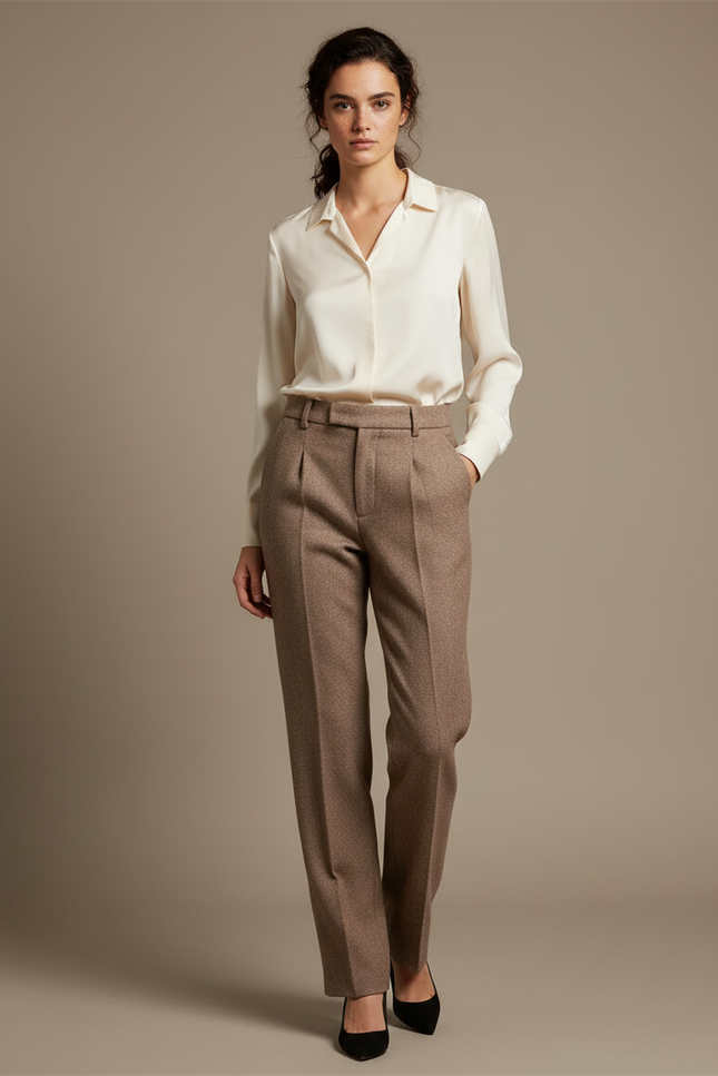 Pantalon Marron Tweed Taille Haute Plissé Décontracté Élégant