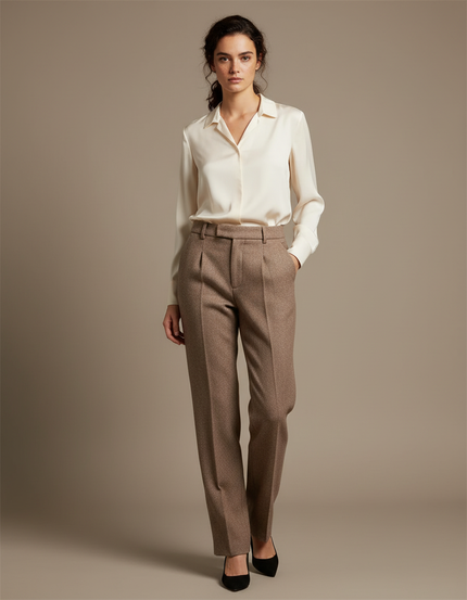 Pantalon Marron Tweed Taille Haute Plissé Décontracté Élégant