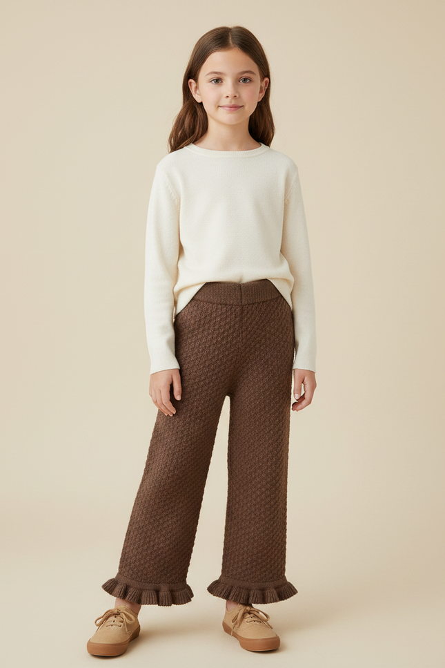 Pantalon Marron Tricoté Large Volants Enfant - Maille