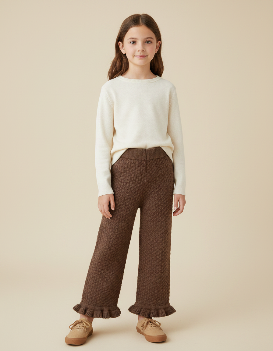Pantalon Marron Tricoté Large Volants Enfant - Maille