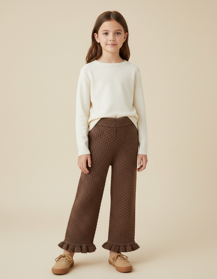 Pantalon Marron Tricoté Large Volants Enfant - Maille