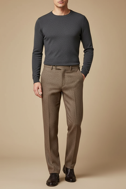 Pantalon Marron Laine Carreaux Droit Décontracté Homme - Tweed