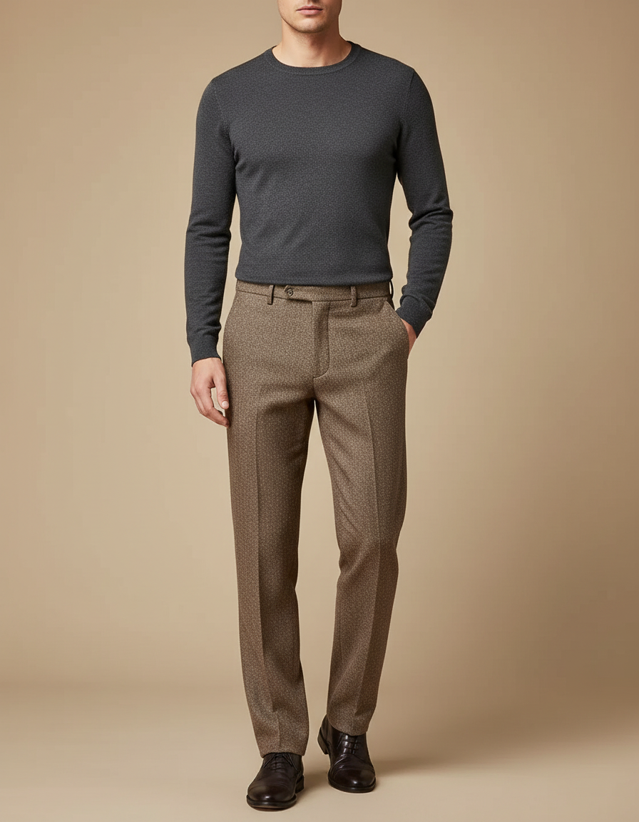 Pantalon Marron Laine Carreaux Droit Décontracté Homme - Tweed