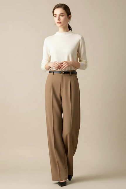 Pantalon Marron Fluide Taille Haute Plissé Élégant - Polyester