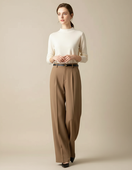 Pantalon Marron Fluide Taille Haute Plissé Élégant - Polyester