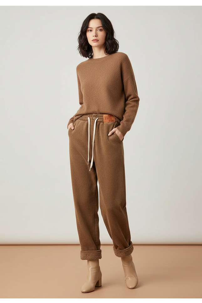 Pantalon Marron Polaire Ample Chaud Décontracté Femme - Molleton