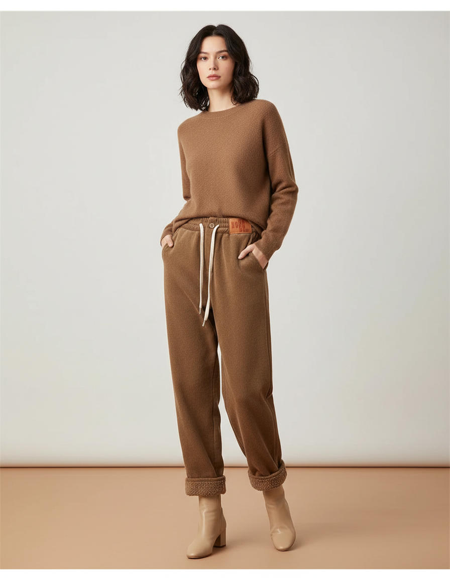 Pantalon Marron Polaire Ample Chaud Décontracté Femme - Molleton