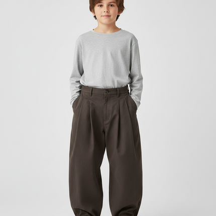 Pantalon Marron Ample Plissé Décontracté Garçon - Gabardine