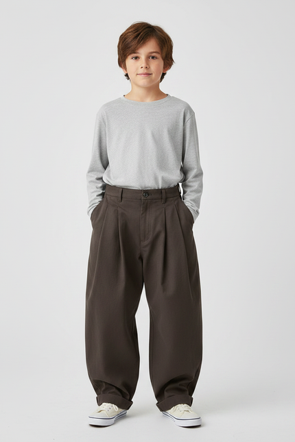 Pantalon Marron Ample Plissé Décontracté Garçon - Gabardine