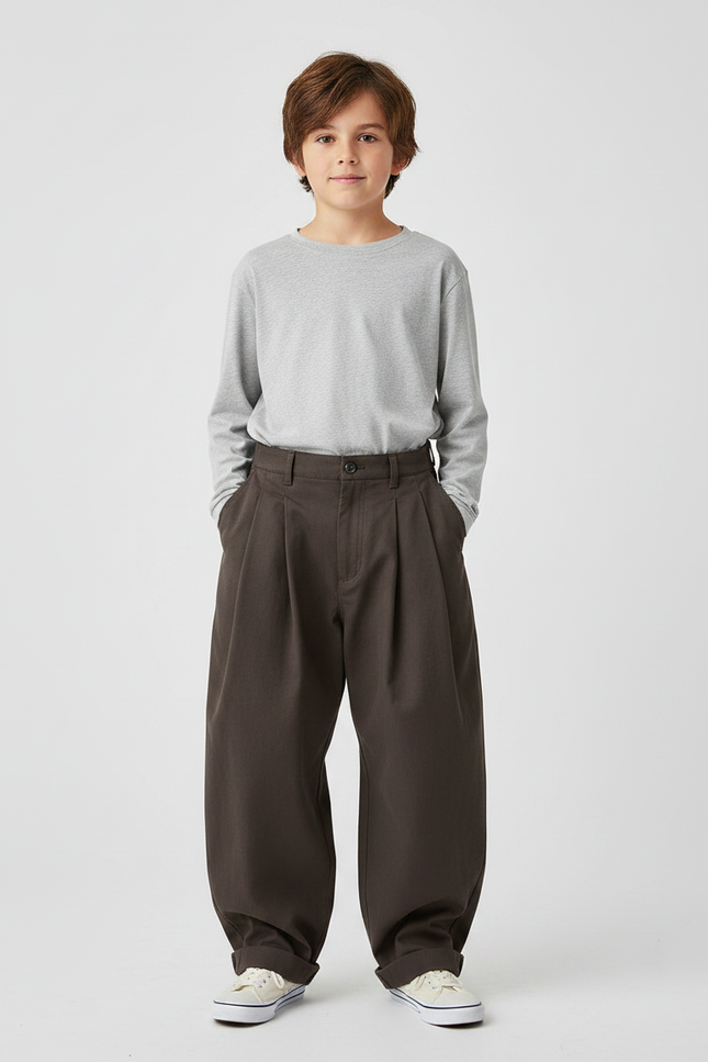 Pantalon Marron Ample Plissé Décontracté Garçon - Gabardine
