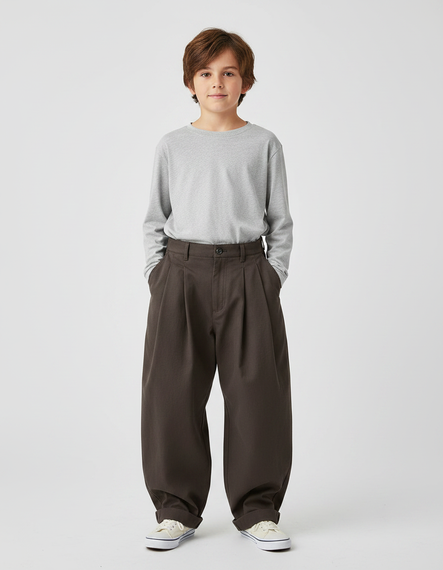 Pantalon Marron Ample Plissé Décontracté Garçon - Gabardine