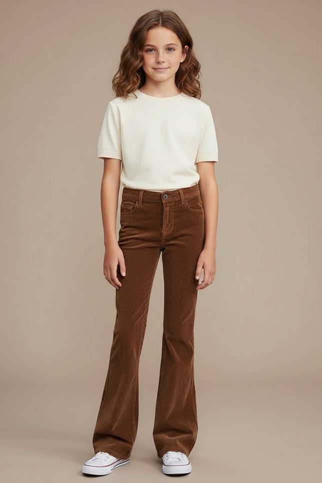 Pantalon Marron Côtelé Évasé Taille Haute Confortable - Cordé