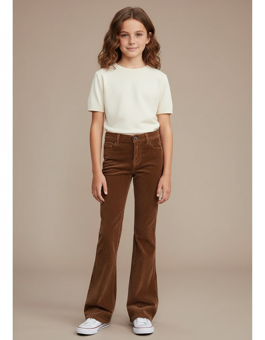Pantalon Marron Côtelé Évasé Taille Haute Confortable - Cordé