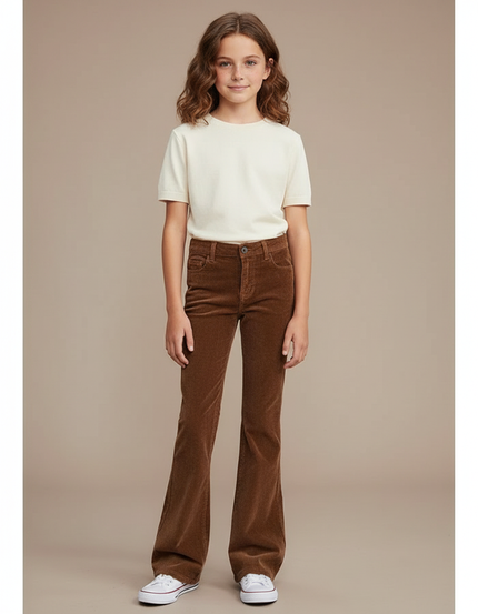 Pantalon Marron Côtelé Évasé Taille Haute Confortable - Cordé