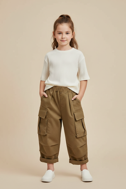 Pantalon Marron Cargo Ample Enfant Poches - Kaki Coton