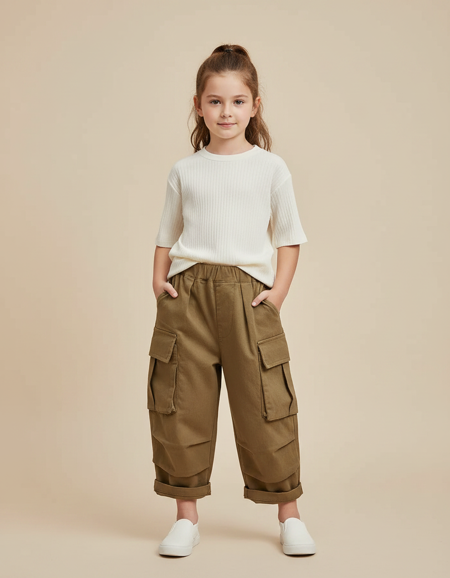 Pantalon Marron Cargo Ample Enfant Poches - Kaki Coton