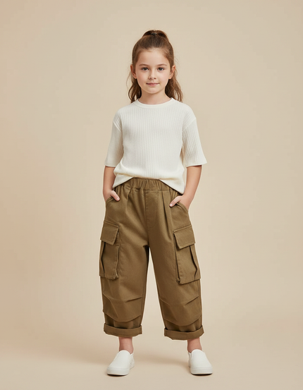 Pantalon Marron Cargo Ample Enfant Poches - Kaki Coton