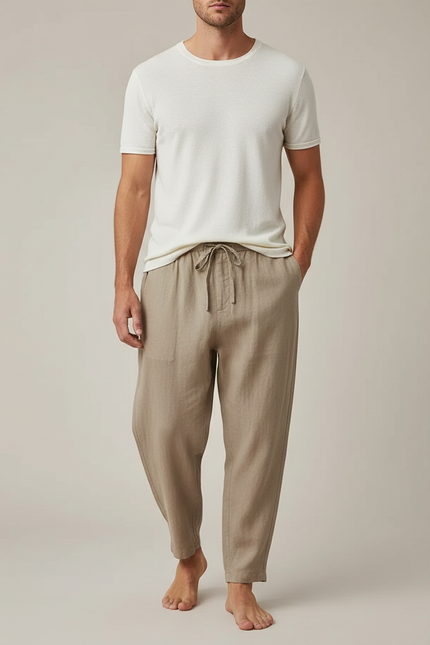 Pantalon Marron Lin Ample Décontracté Cordon Homme - Kaki