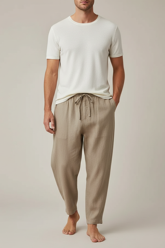 Pantalon Marron Lin Ample Décontracté Cordon Homme - Kaki