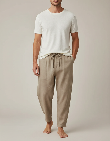 Pantalon Marron Lin Ample Décontracté Cordon Homme - Kaki