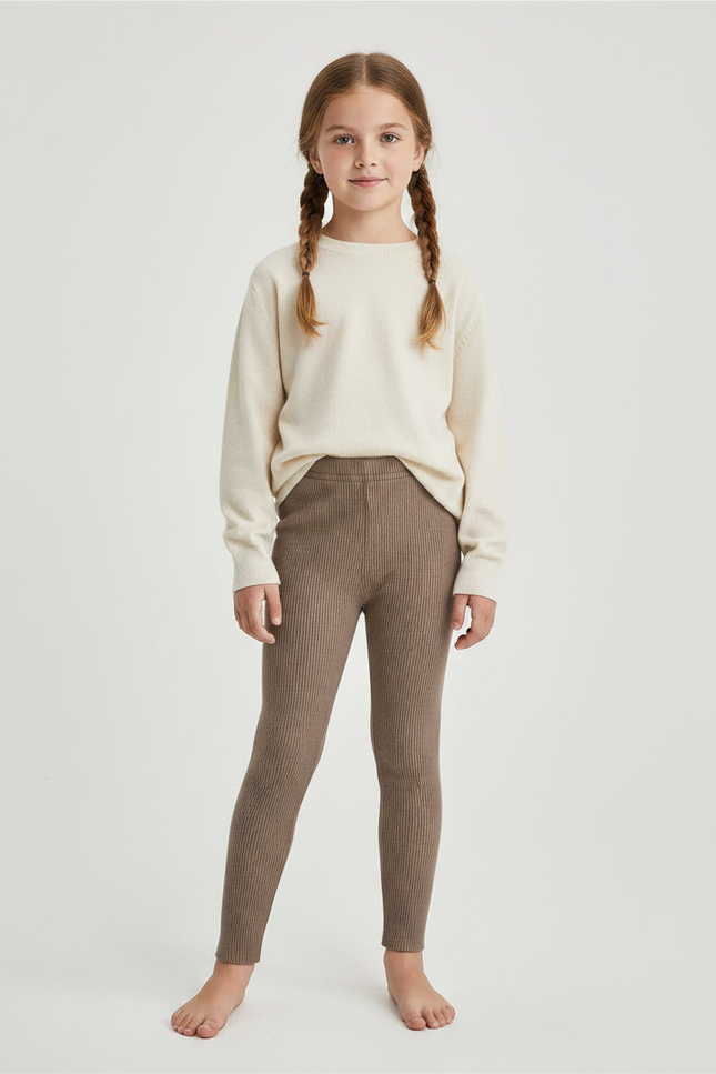 Pantalon Marron Côtelé Tricoté Extensible Enfant Fille - Maille