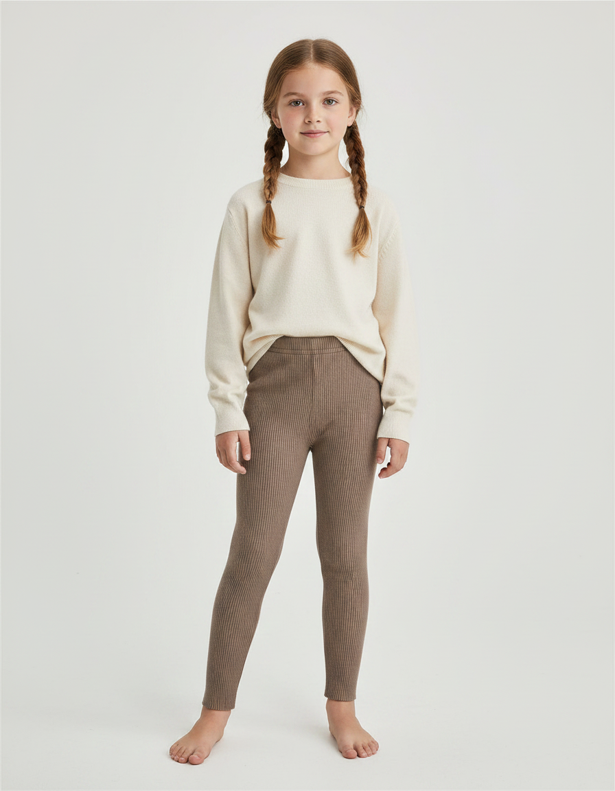 Pantalon Marron Côtelé Tricoté Extensible Enfant Fille - Maille