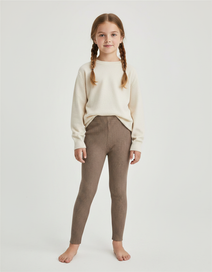 Pantalon Marron Côtelé Tricoté Extensible Enfant Fille - Maille