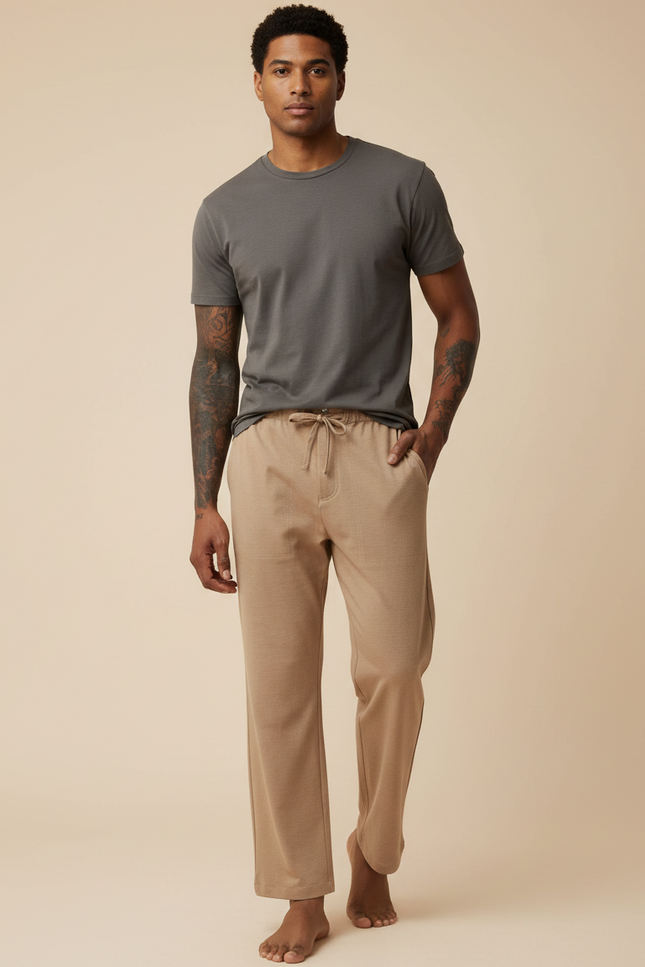 Pantalon Marron Ample Coton Lin Décontracté - Beige Molleton