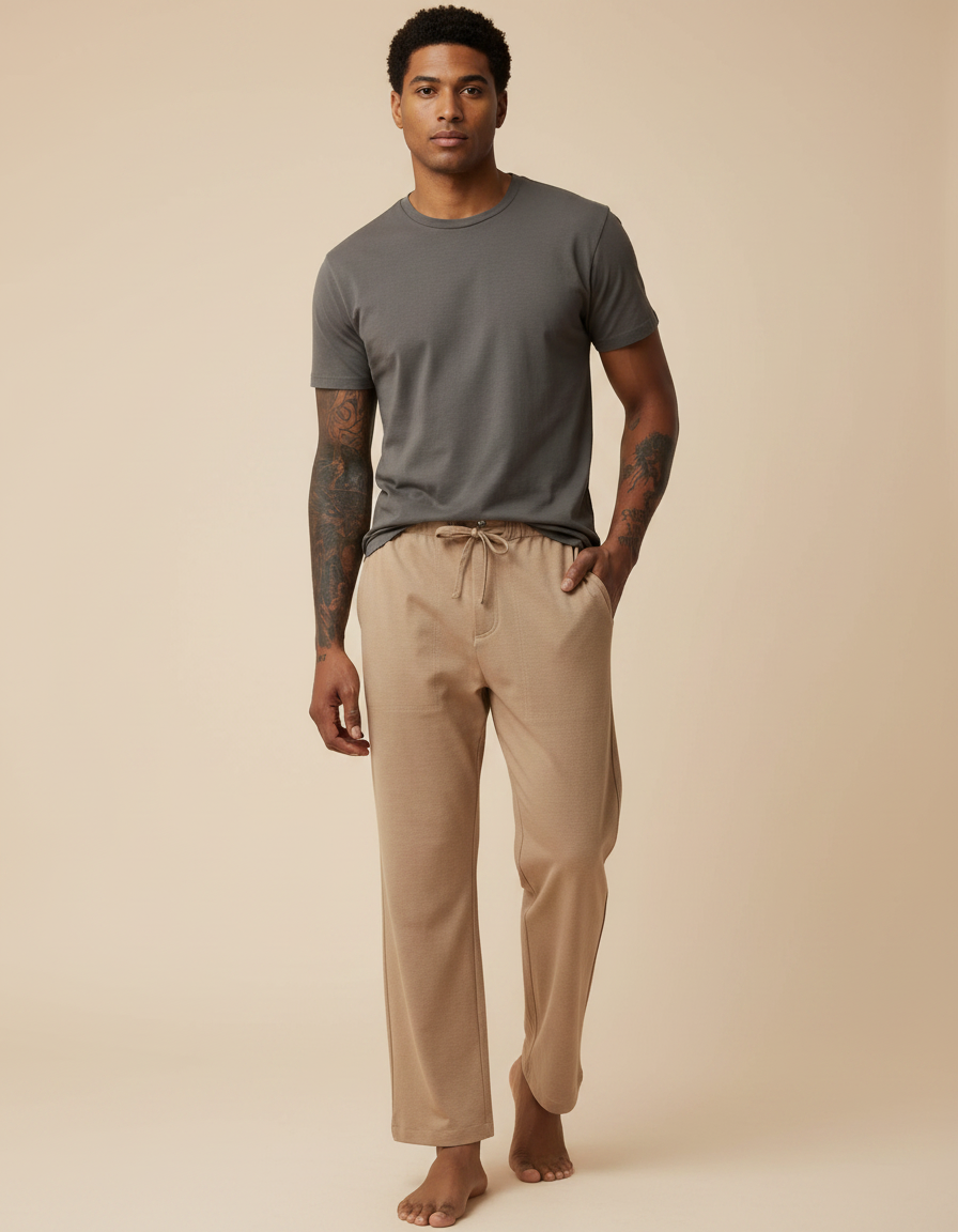 Pantalon Marron Ample Coton Lin Décontracté - Beige Molleton
