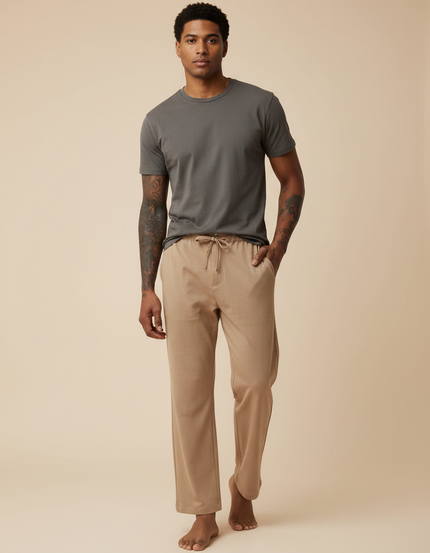 Pantalon Marron Ample Coton Lin Décontracté - Beige Molleton