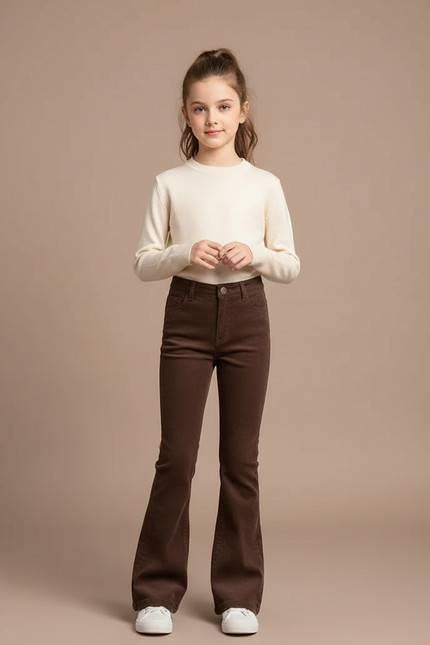 Pantalon Marron Évasé Taille Haute Confortable Fille - Cordé