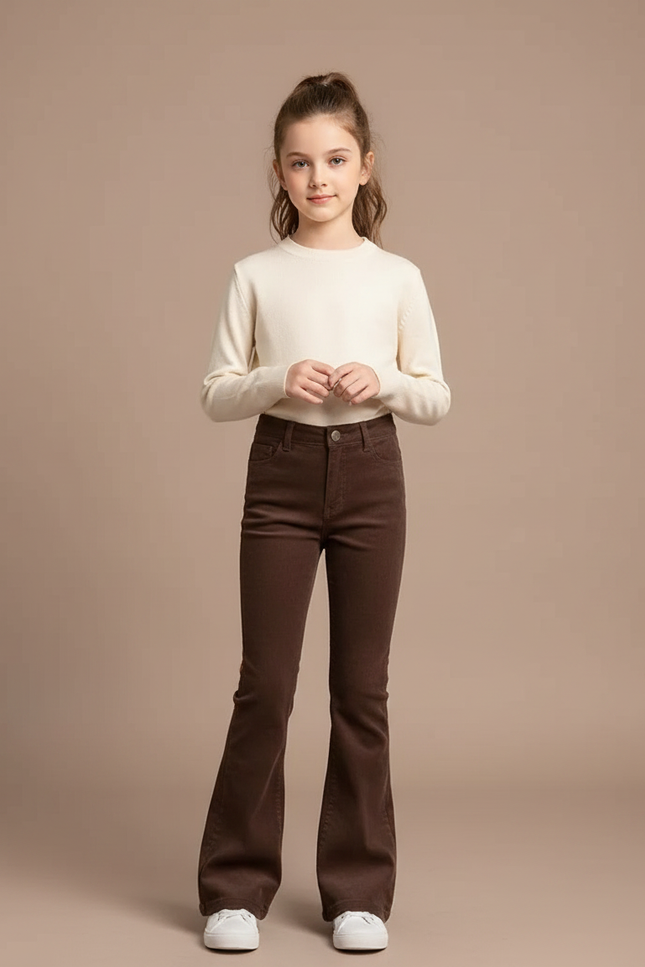 Pantalon Marron Évasé Taille Haute Confortable Fille - Cordé