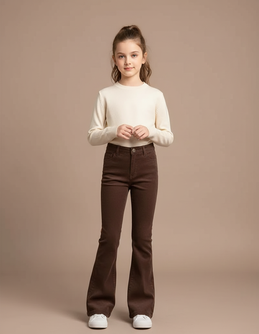 Pantalon Marron Évasé Taille Haute Confortable Fille - Cordé