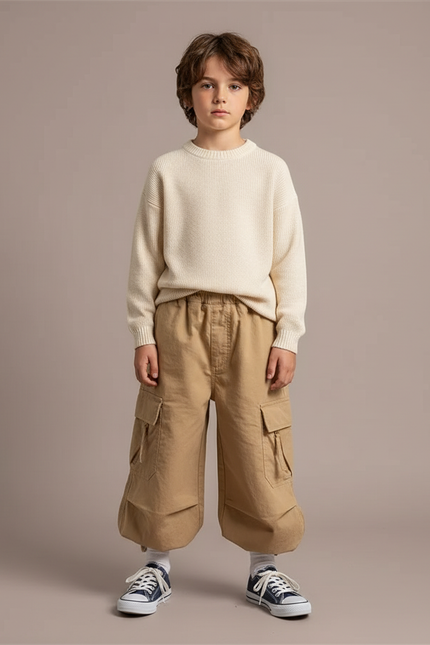 Pantalon Marron Cargo Ample Bouffant Coton Enfant - Camel
