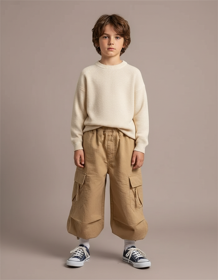 Pantalon Marron Cargo Ample Bouffant Coton Enfant - Camel