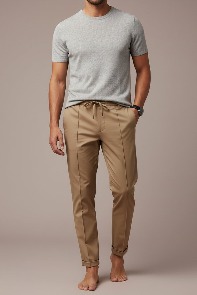 Pantalon Marron Homme Droit Cordon Décontracté Élégant - Camel Gabardine