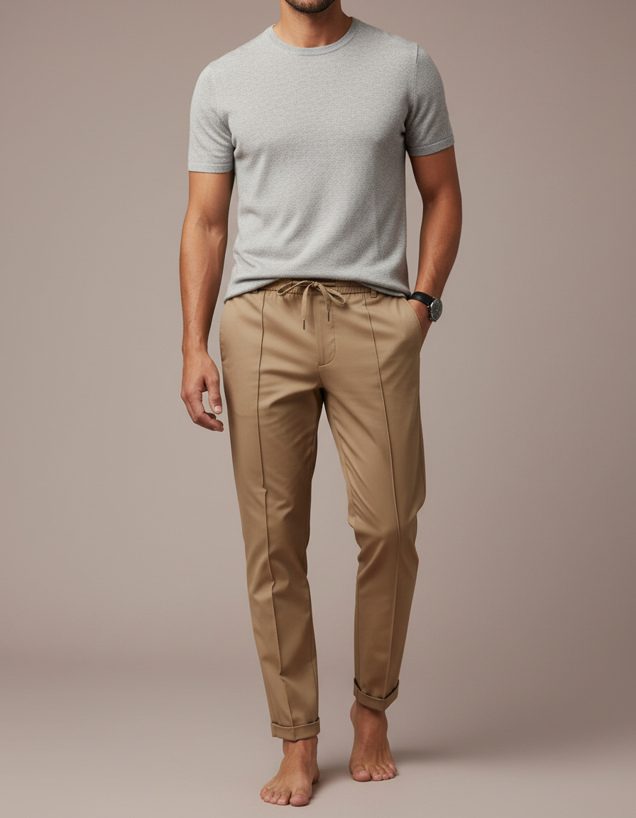 Pantalon Marron Homme Droit Cordon Décontracté Élégant - Camel Gabardine