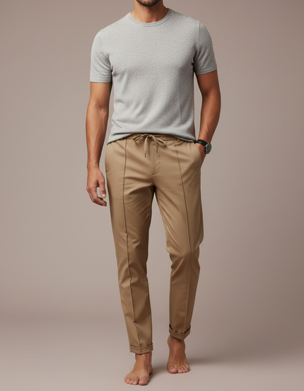 Pantalon Marron Homme Droit Cordon Décontracté Élégant - Camel Gabardine