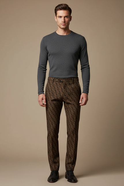 Pantalon Marron Motif FF Slim Élégant Homme - Laine