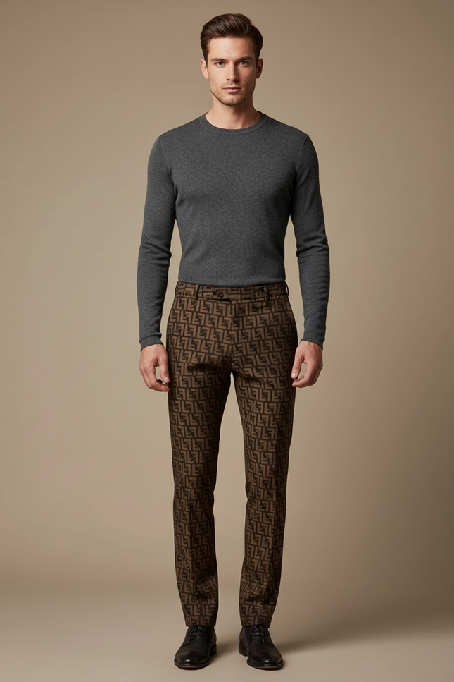 Pantalon Marron Motif FF Slim Élégant Homme - Laine