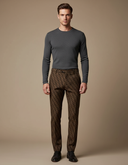 Pantalon Marron Motif FF Slim Élégant Homme - Laine