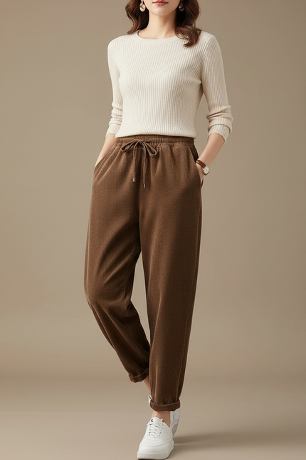 Pantalon Marron Velours Côtelé Ample Décontracté Hiver - Cordé