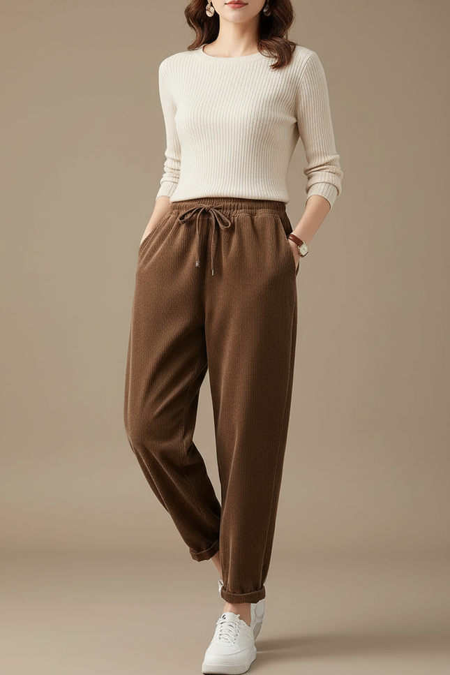 Pantalon Marron Velours Côtelé Ample Décontracté Hiver - Cordé